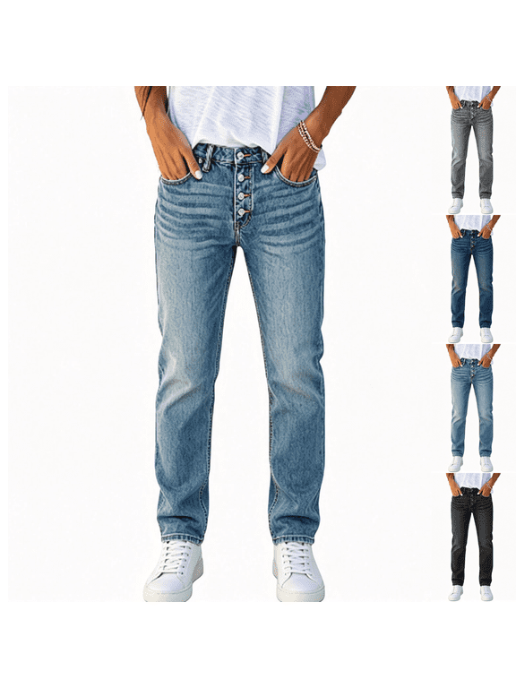 Womens Solid Winter Jeans 4 Button Fly Straight Leg Denim Pants with Pockets