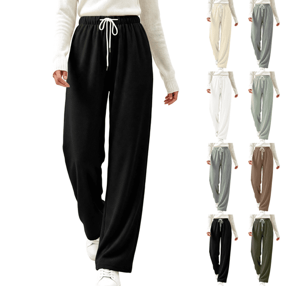Sunnin Womens Waffle Knit Lounge Pants Drawstring Elastic Waist Slant Pockets Relaxed Straight Leg Trousers