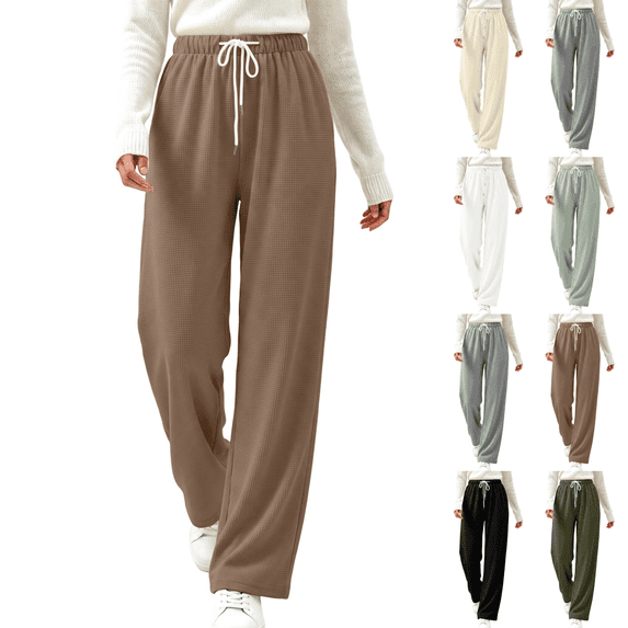 Sunnin Womens Waffle Knit Lounge Pants Drawstring Elastic Waist Slant Pockets Relaxed Straight Leg Trousers