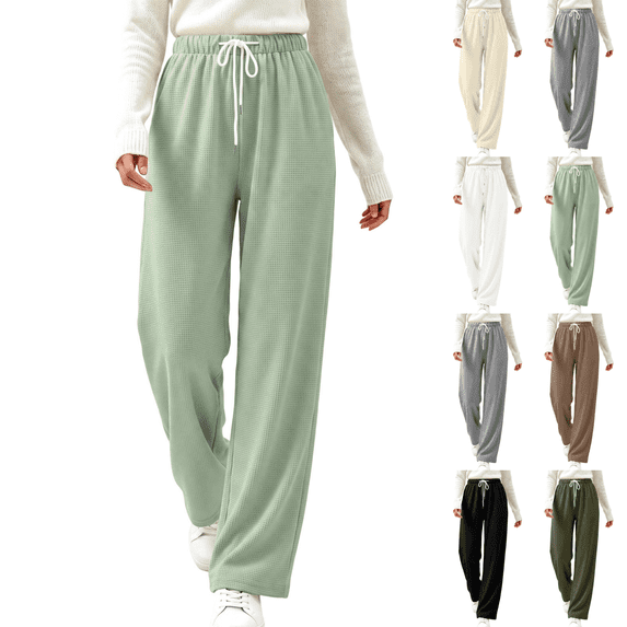 Sunnin Womens Waffle Knit Lounge Pants Drawstring Elastic Waist Slant Pockets Relaxed Straight Leg Trousers