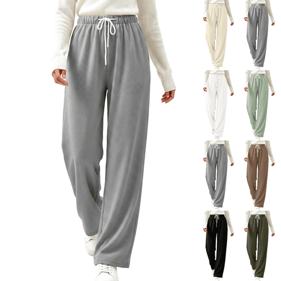 Sunnin Womens Waffle Knit Lounge Pants Drawstring Elastic Waist Slant Pockets Relaxed Straight Leg Trousers