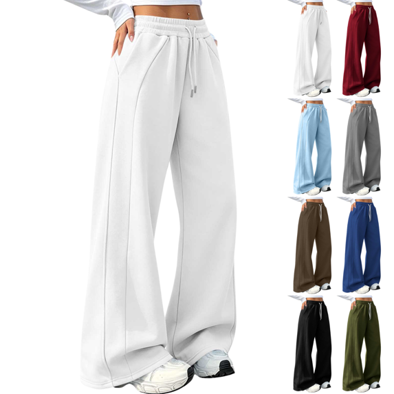 Sunnin Womens Wide Leg Sweatpants Contrast Drawstring Front Seams Side Pockets Relaxed Casual Lounge Trousers