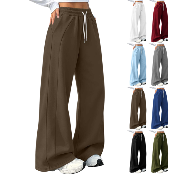 Sunnin Womens Wide Leg Sweatpants Contrast Drawstring Front Seams Side Pockets Relaxed Casual Lounge Trousers