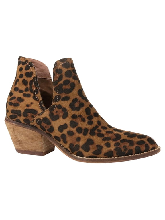 Sunny-01 Women Western Short Ankle Pointed Toe Booties Boots Animal Leopard Print V Side Cut D'Orsay Faux Suede Leather Block Heel Size Run Big US Size 8