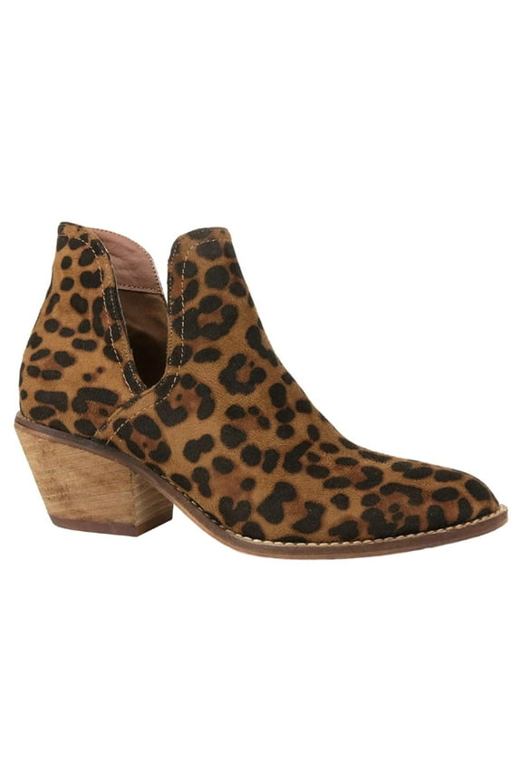 Sunny-01 Women Western Short Ankle Pointed Toe Booties Boots Animal Leopard Print V Side Cut D'Orsay Faux Suede Leather Block Heel Size Run Big US Size 8