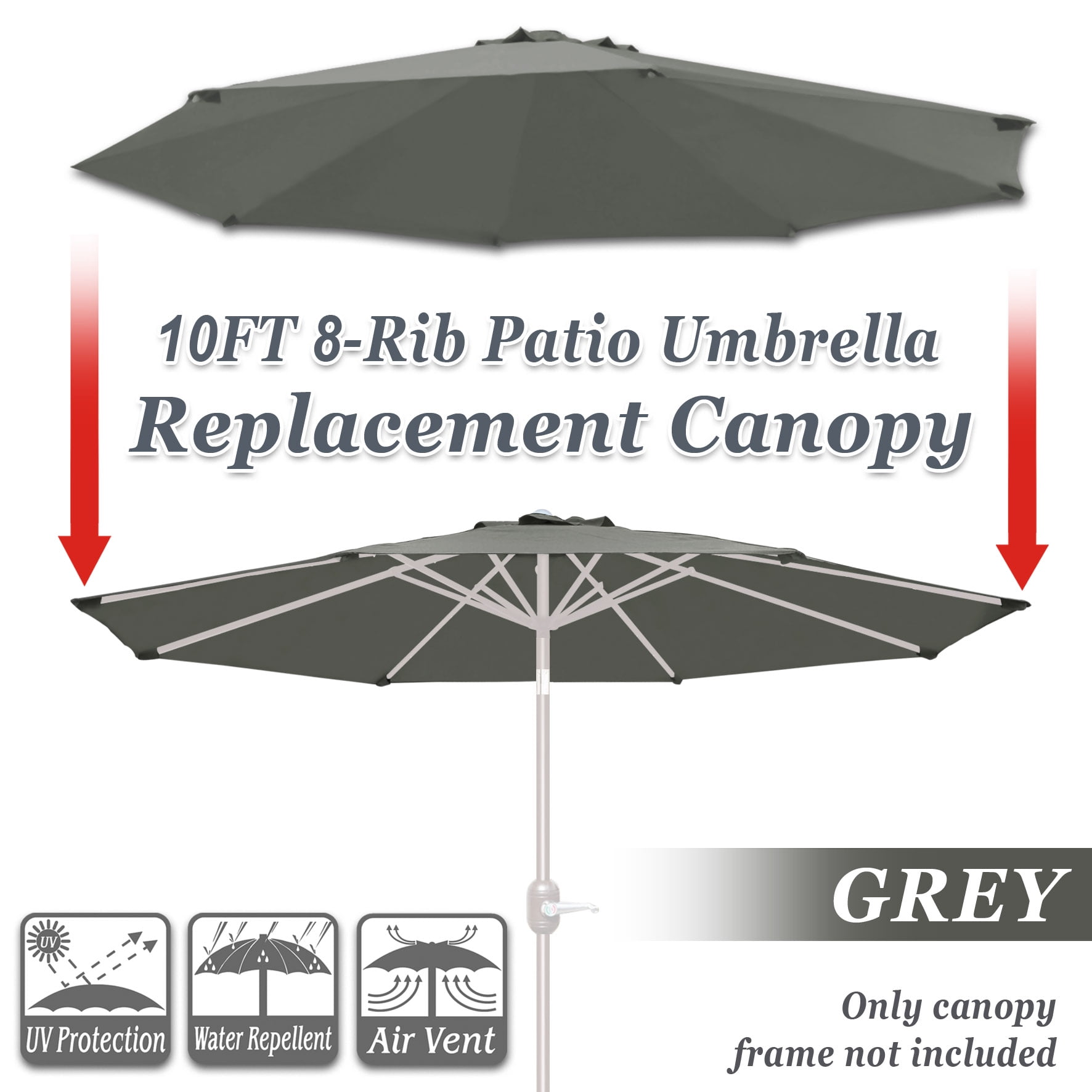 Sunny 10' Umbrella Canopy Top Cover Patio Replacement Top Cover 8 Ribs Outdoor Sunshade (Grey)