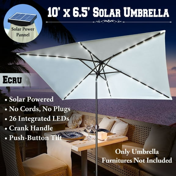 Sunny 10'x6.5' OUTDOOR SOLAR 26 LED LIGHTS ALUMINIUM PATIO UMBRELLA RECTANGLE TILT-ECRU COLOR