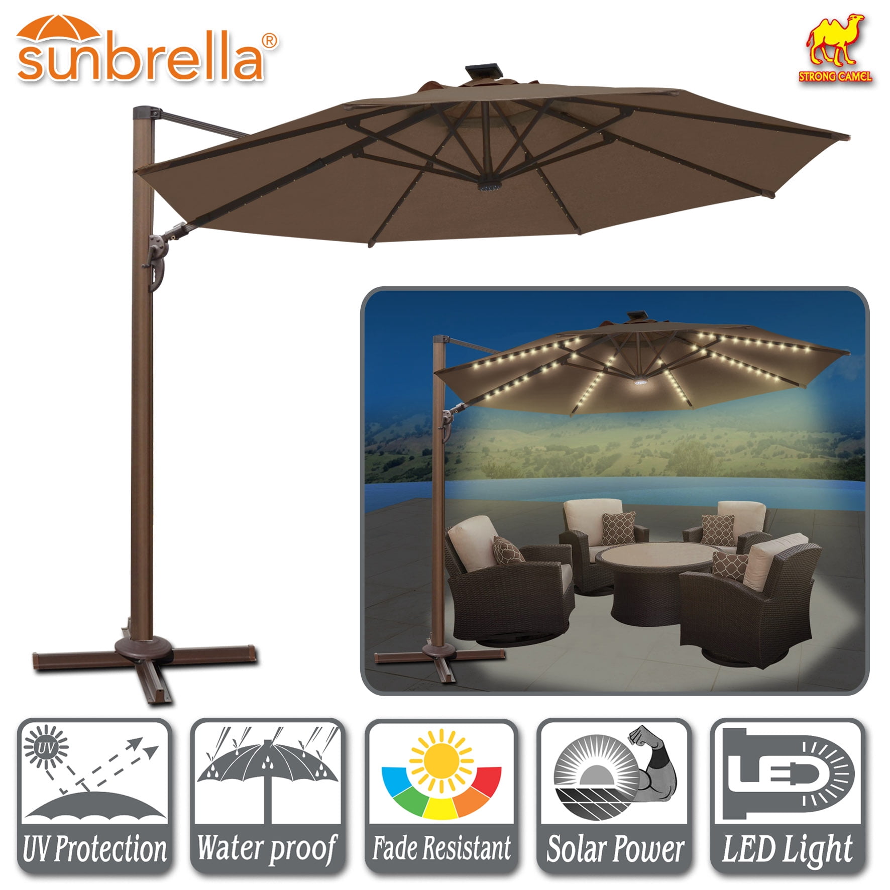Sunny 11.5' Deluxe Cantilever Big Roma Umbrella Hanging Offset Solar Umbrella UV50+ Tilt & 360'C Rotation Patio Heavyduty Outdoor Sunshade Cantilever Crank Sunbrella Cover