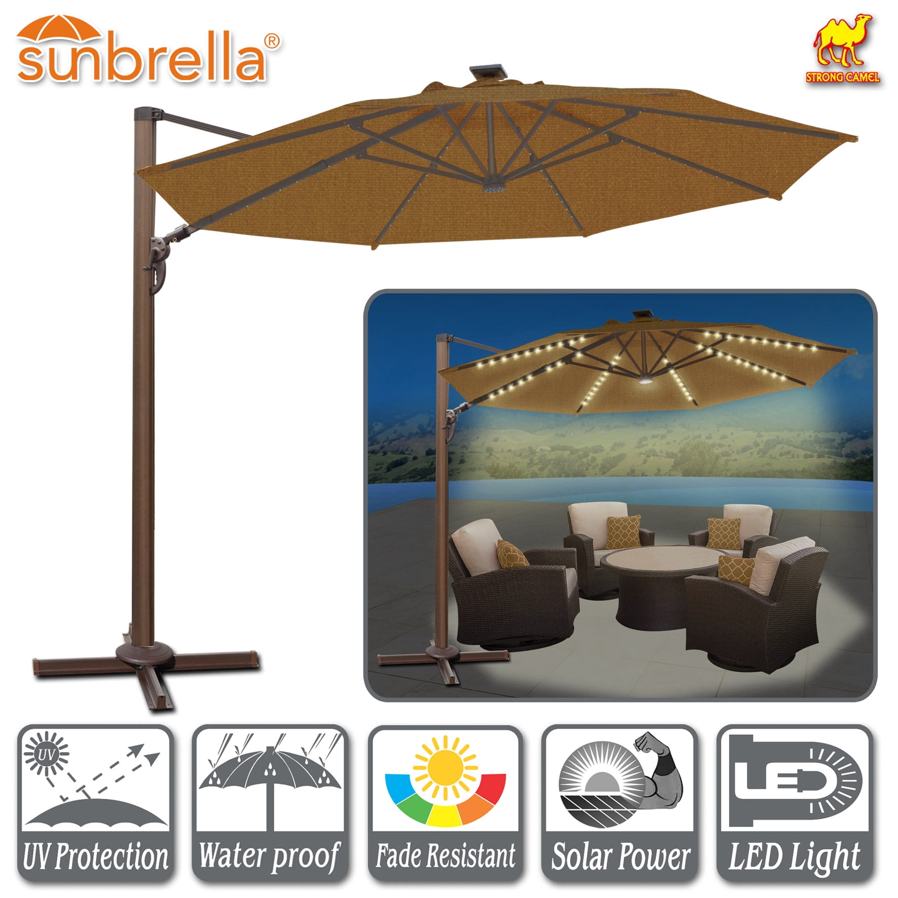 Sunny 11.5' Deluxe Cantilever Big Roma Umbrella Hanging Offset Solar Umbrella UV50+ Tilt & 360'C Rotation Patio Heavyduty Outdoor Sunshade Cantilever Crank Sunbrella Cover