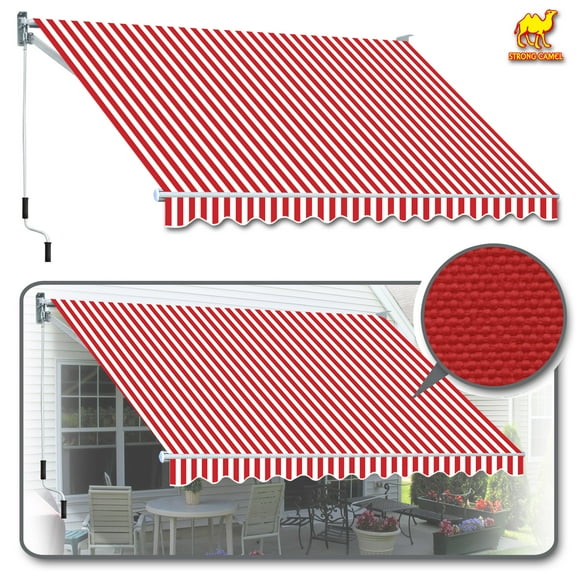 Sunny 12' x 8' Manual Retractable Patio Deck Awning Cover Canopy Sunshade (Red and White)