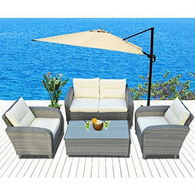 Sunny 4pcs Patio Furniture Sets Chairs Rattan Wicker Sofa Lounge Chaise &amp; Coffee Table Outdoor Garden (off white and grey )