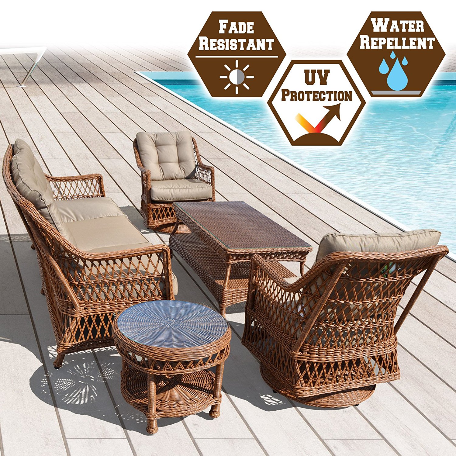 Sunny 5pc Wicker Rattan Table Chair Patio Sofa Furniture Set with Cushions Outdoor Garden W/ 3 Swivel Revolving Chairs and 2 Tables - image 1 of 8