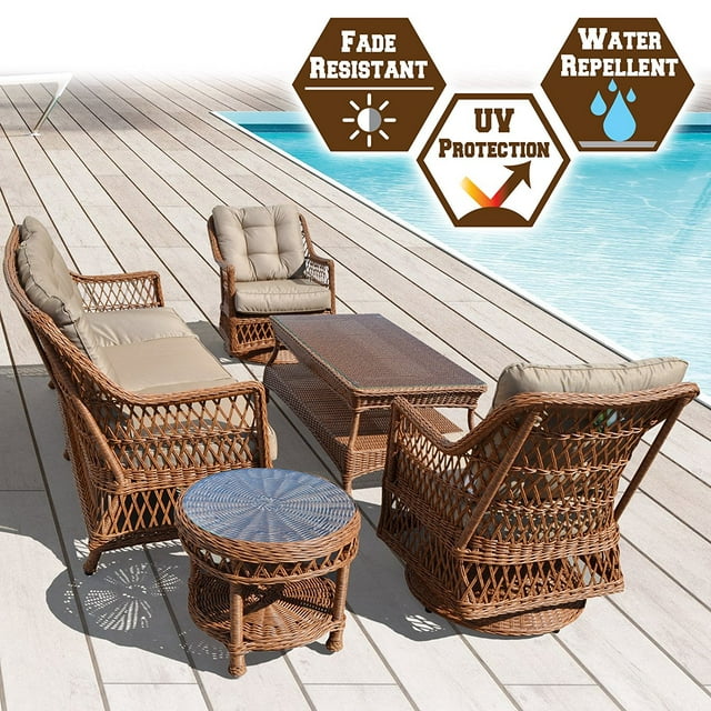 Sunny 5pc Wicker Rattan Table Chair Patio Sofa Furniture Set with Cushions Outdoor Garden W/ 3 Swivel Revolving Chairs and 2 Tables