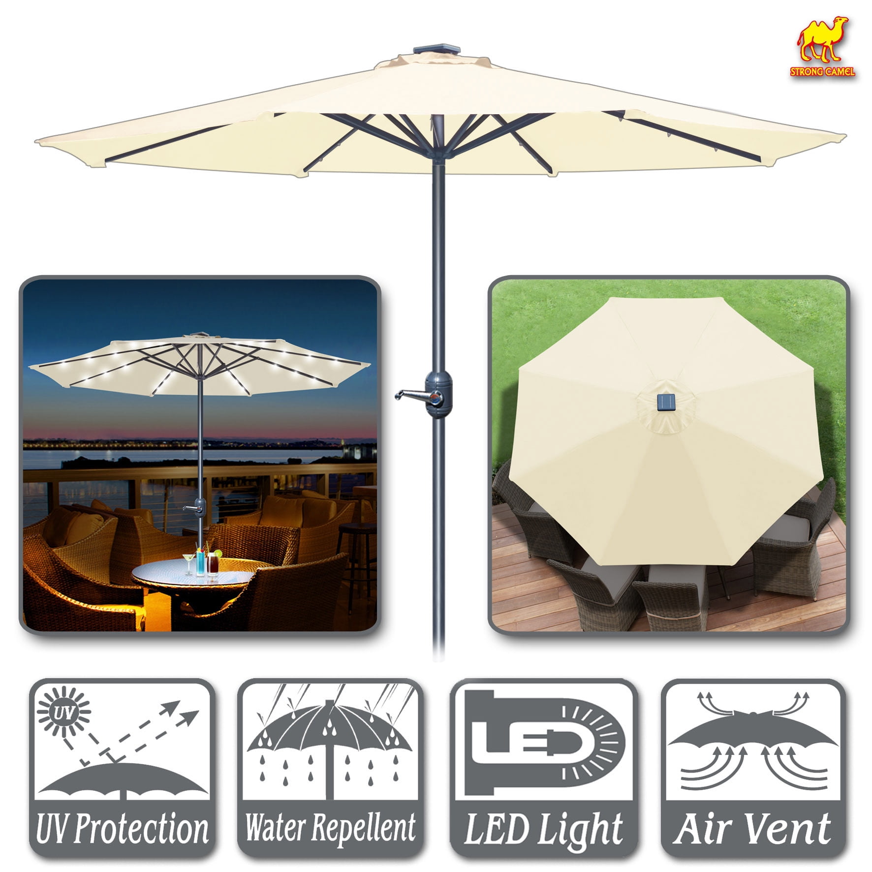 Sunny 9' Aluminum Solar Powered Patio Umbrella 24 LED Light Parasol Sunshade with Crank (Ecru)