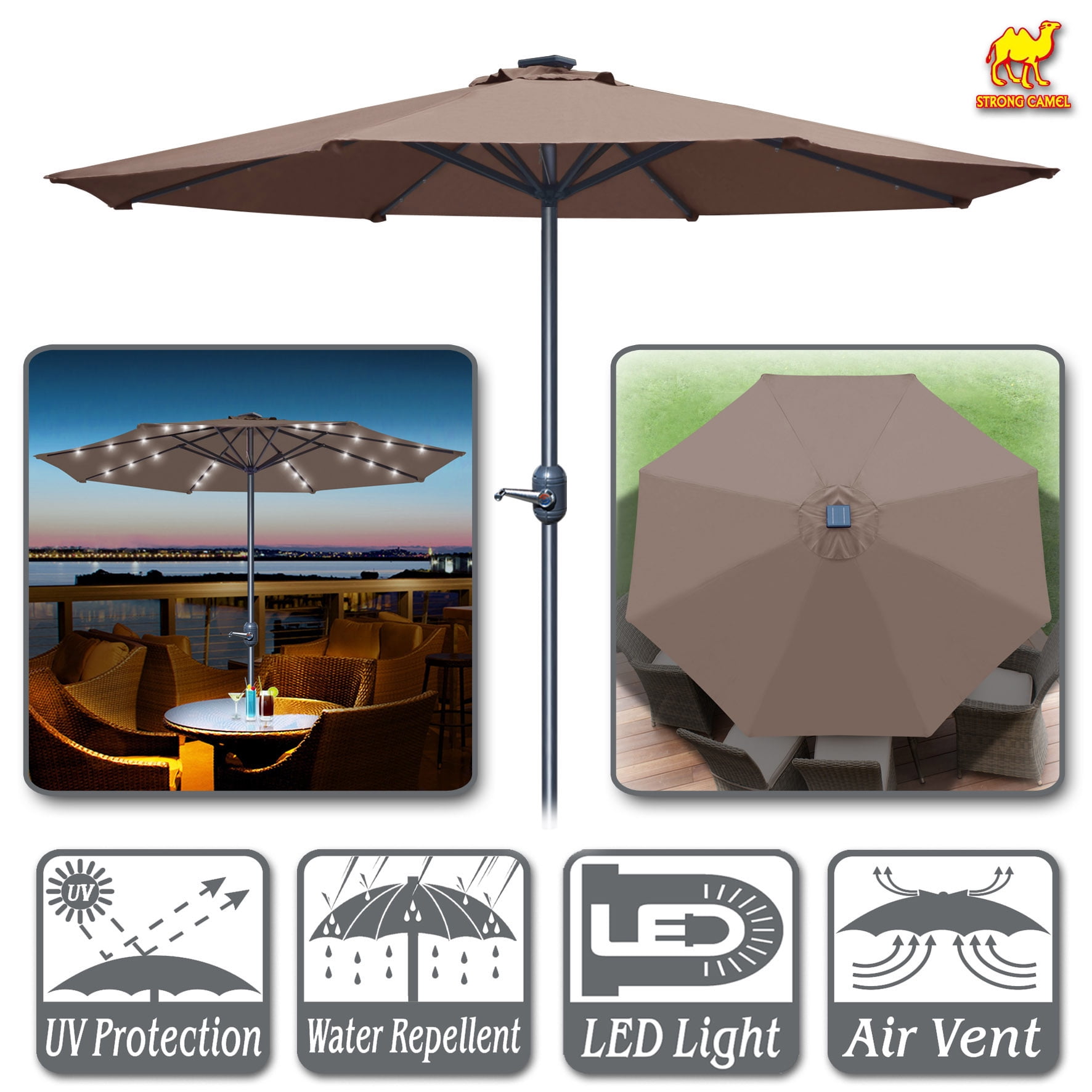 Sunny 9' Aluminum Solar Powered Patio Umbrella 24 LED Light Parasol Sunshade with Crank (Taupe)