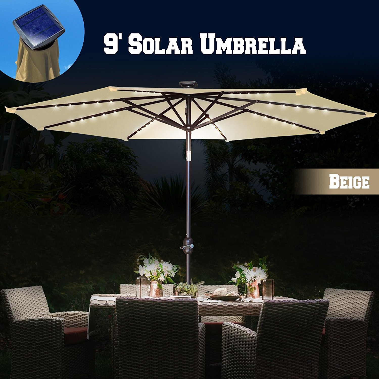 Sunny 9ft Solar Light Patio Umbrella Tilt Aluminum Sunshade Outdoor