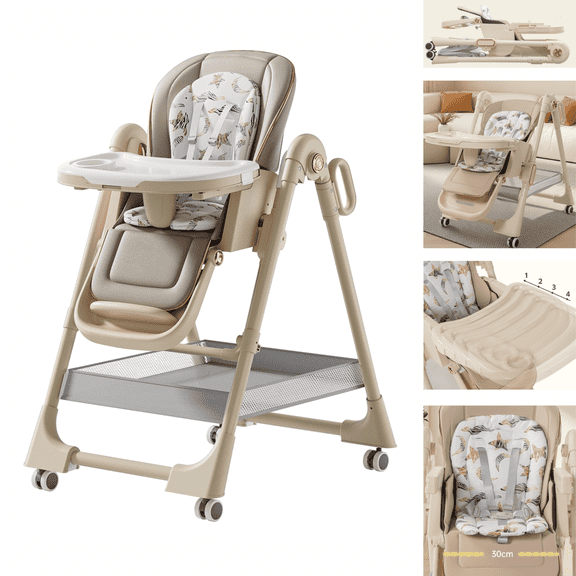 Sunny Babe 3 in 1 Baby High Chair Portable Infant Feeding Chairs Folding Dining Chair Adjustable Height,PU leather,Pipe Material,for 0-6 Years,Unisex,KHAKI