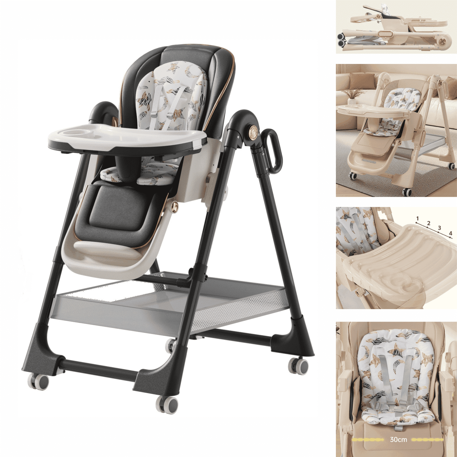 Sunny Babe 3 in 1 Convertible Baby High Chair Portable Infant Feeding Chairs Baby Eat&Play Seat Adjustable Height,with PU leather,5-Point Safety Harness,for Baby and Toddlers,Unisex,DEEPGREY