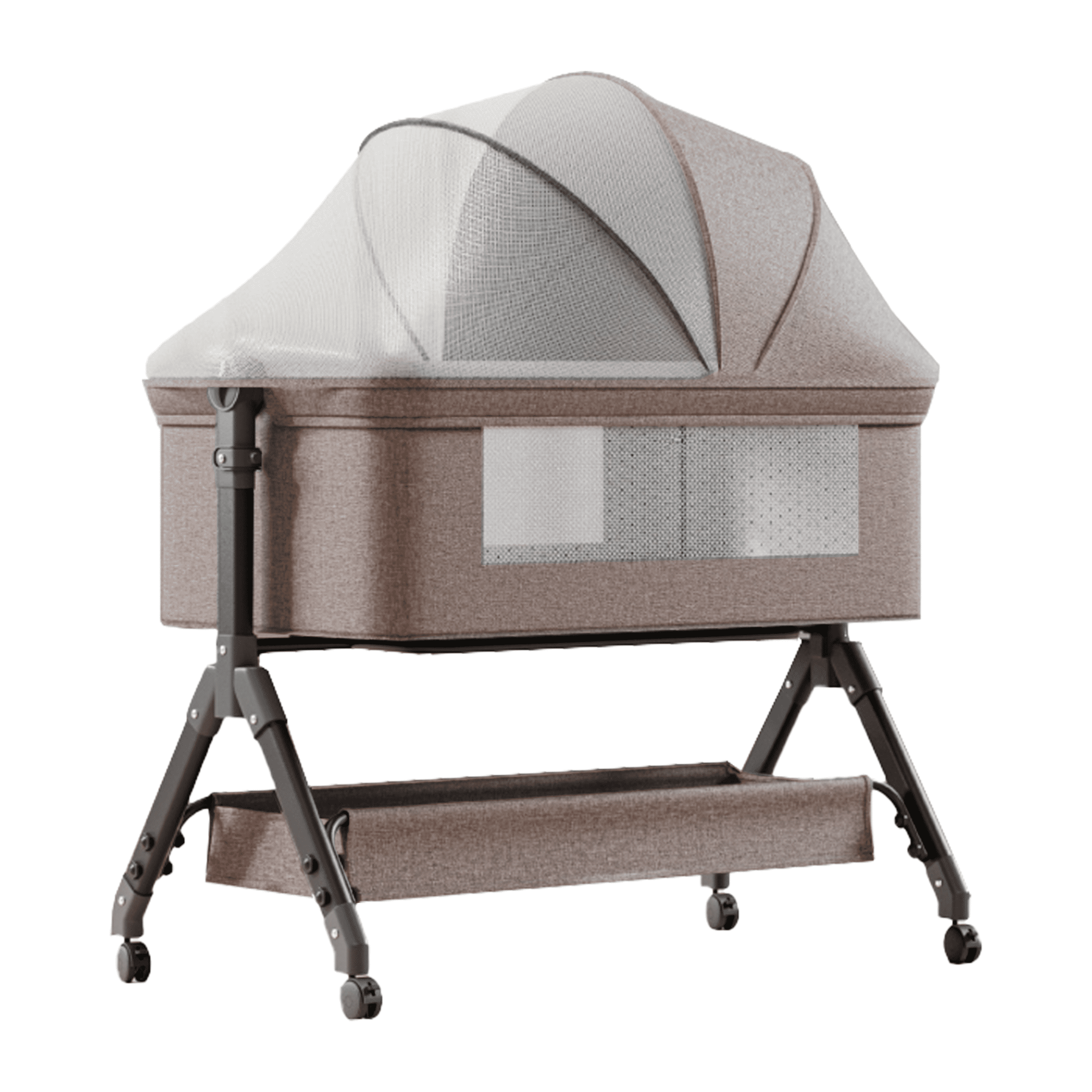 Sunny Babe 4 in 1 Baby Bassinet Foldable Infant Bedside Crib Bed Portable Baby Swing with Changing Table,Wheels,Mosquito Net,Height Adjustable ,for Infant,Toddler,Unisex,KHAKI