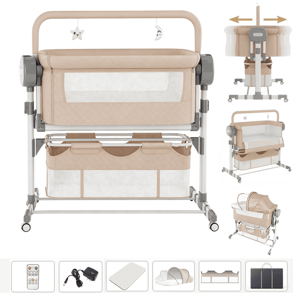 Sunny Babe Baby Bassinet, Rocking Baby Bassinet with Remote Control, Portable Bedside Bassinet with Storage Basket, Adjustable Bassinetfor Newborn Infant(Black)