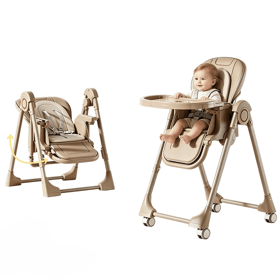 Sunny Babe Convertible Baby High Chair Folding Baby Swing with Trays,Wheels,PU Leather,for Babies to Toddlers,Unisex,KHAKI