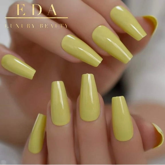 Pastel Yellow Press On Nails, Extra Long Coffin Ballerina False Tips Glue On Fake Nails Set