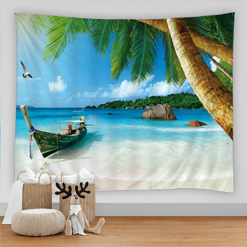 Sunny Beach Coconut Tree Seaside Landscape Print Tapestry Cheap Hippie Wall Hanging Bohemian