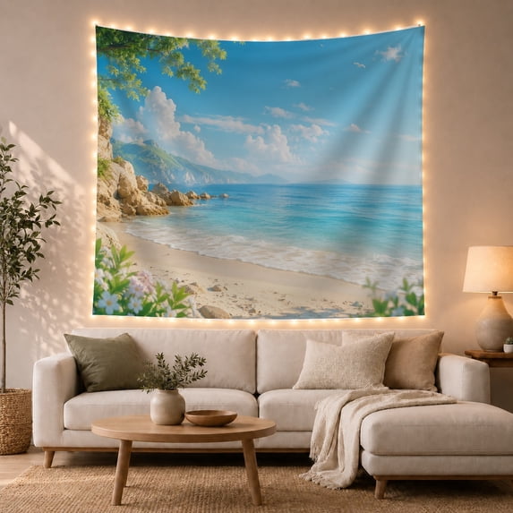 Sunny Beach Cove With Blue Ocean, Peaceful Coastal Art for Beach Lovers, Coastal Home Decor, Housewarming Gift, Tapestry Wall Hanging for Bedroom and Living Room