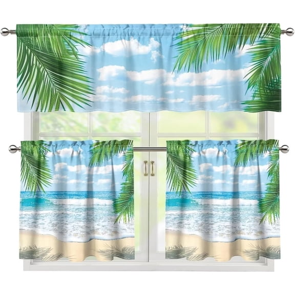 Sunny Beach Farmhouse Kitchen Curtains Tiers and Valances Set 3 Piece for Windows 24 inch Curtain for Kitchen Window Over Sink Rod Pocket Half Window Curtains Cafe Living Room Bathroom
