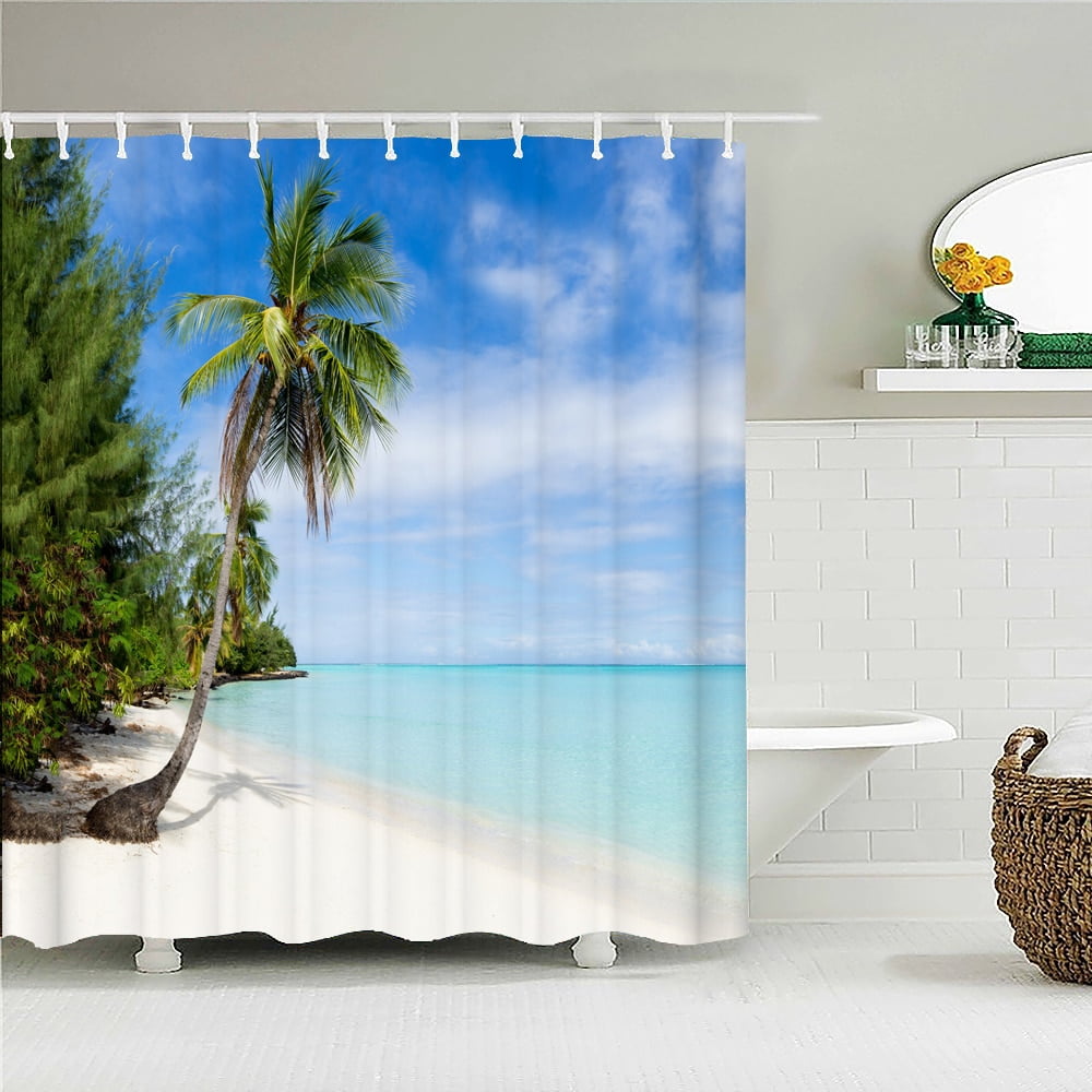 Sunny Beach Palm Tree Seaside Scenery Fabric Shower Curtain Waterproof ...