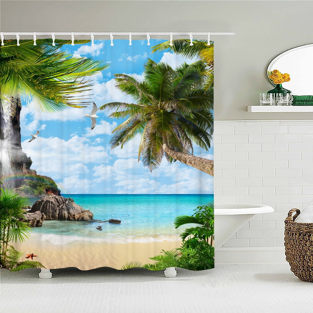 Sunny Beach Palm Tree Seaside Scenery Fabric Shower Curtain Waterproof ...