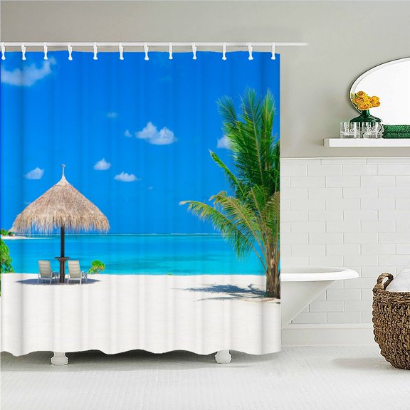 Sunny Beach Palm Tree Seaside Scenery Fabric Shower Curtain Waterproof Polyester Bath Curtains for Bathroom Decorate with