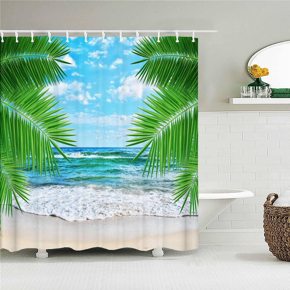 Sunny Beach Palm Tree Seaside Scenery Fabric Shower Curtain Waterproof ...