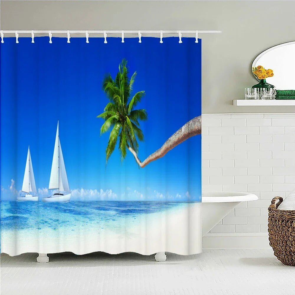 Sunny Beach Palm Tree Seaside Scenery Fabric Shower Curtain Waterproof ...