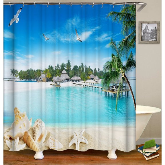 Sunny Beach Seaside Scenery 3D Printing Shower Curtain large Size 300x180cm Waterproof Polyester Home Decor Curtain With