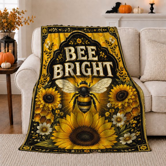 Sunny Bee Bright Floral Garden, Festive Botanical Garden Scene, Warm Flannel Blanket for Sunroom and Reading Nook, Garden Lovers Housewarming Gift, Botanical Home Decor
