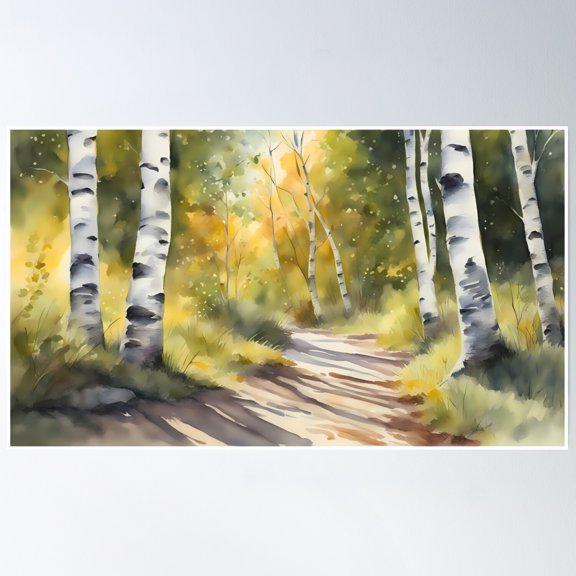 Sunny Birch Trees Pathway Poster Wall Art, Modern Wall Decor, 16x24 UNFRAMED