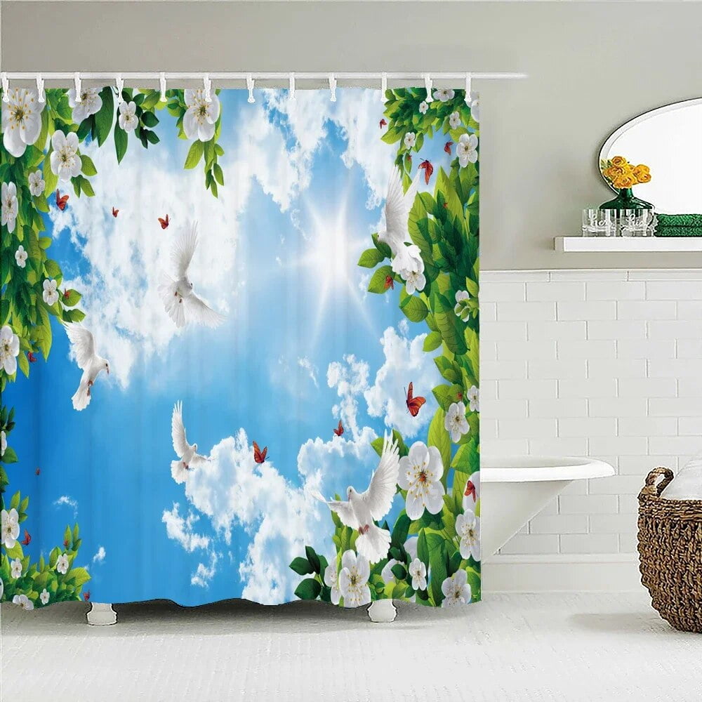 Sunny Blue Sky White Clouds landscape Shower Curtain With Waterproof ...