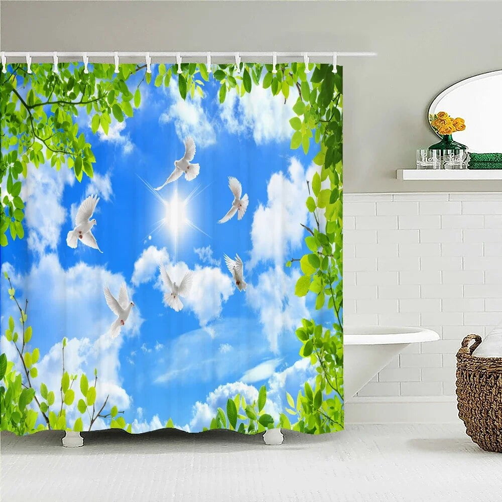 Sunny Blue Sky White Clouds landscape Shower Curtain With Waterproof ...