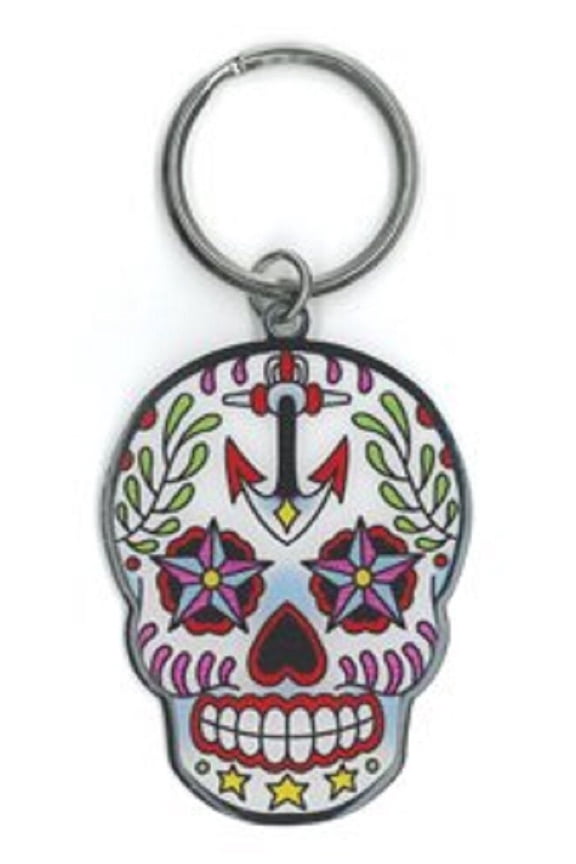 Sunny Buick - Ancre Sugar Skull, Old Skool Anchor & Nautical Stars - Cool High Quality Metal Keychain - 1.75" x 2.5" NEW