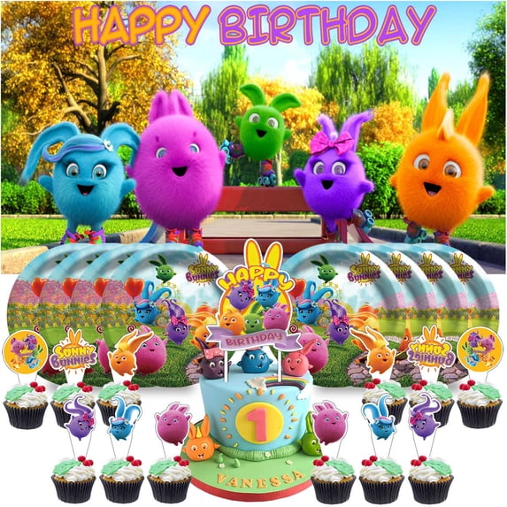 Sunny Bunnies Birthday Party Decor Set - 5x2.3ft Backdrop Banner, Paper Plates, Cake Toppers & Fan Decorations