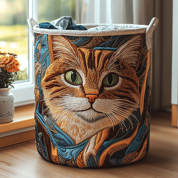 Sunny Cat Quilted Laundry Basket, with Handles, Foldable Clothes Hamper for Bedroom Storage