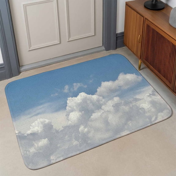 Sunny Clouds Front Door Mat Indoor Entrance, White Gradient Sky Absorbent Dirt Resist Welcome Mats Non-Slip Low-Profile Doormat Washable Entry Rug Indoor Outdoor 17x30 Inch