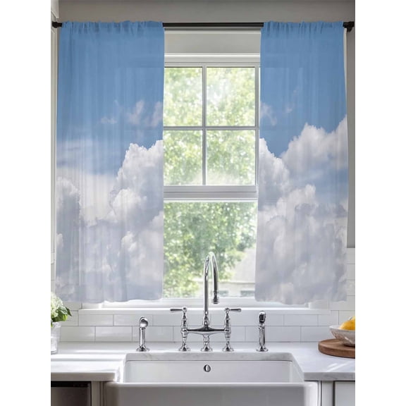 Sunny Clouds Sheer Curtains 2 Panels Set, 52" W x 72" L White Gradient Sky Light Filtering Rod Pocket Voile Drapes, Window Sheer Curtains for Living Room/Bedroom
