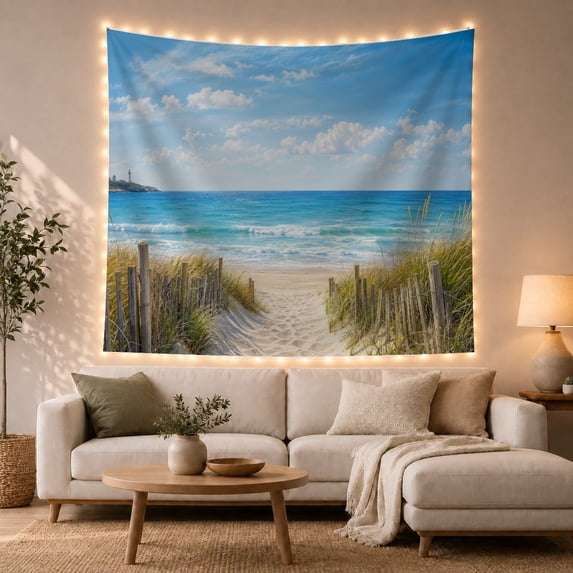 Sunny Coastal Beach Path with Lighthouse and Ocean Waves, Serene Coastal Modern for Ocean Lovers, Coastal Home Decor Housewarming Gift, Tapestry Wall Hanging for Living Room and Bedroom