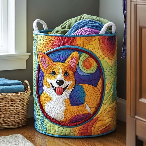 Sunny Corgi Quilted Laundry Basket