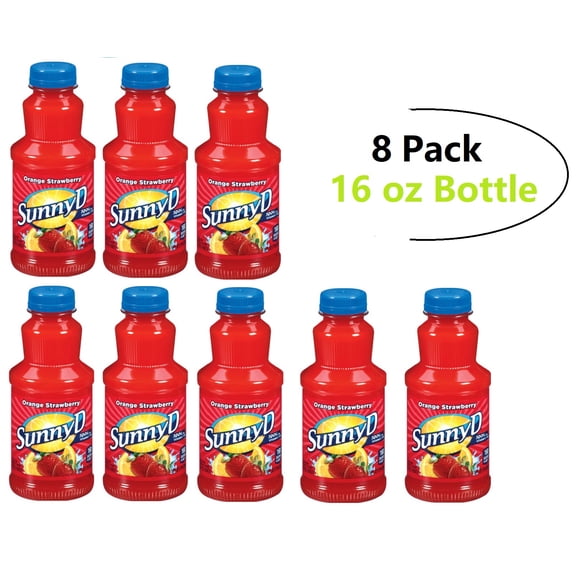 Sunny D Orange Strawberry Juice, 16 oz Plastic Bottles (8 Pack)