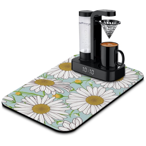 Sunny Daisy Floral Dish Drying Mat, 12x20in Absorbent Coffee Bar Mat, Boho Aesthetic Counter Mat, Yellow Flower Print for Kitchen Sink or Coffee Station