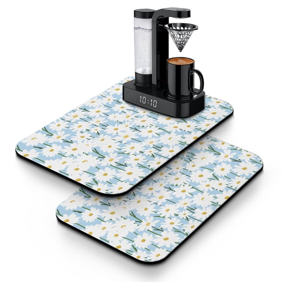 Sunny Daisy Floral Dish Drying Mat, 19.5x12in (Set of 2) Absorbent Coffee Bar Mat, Boho Aesthetic Counter Mat, Yellow Flower Print for Kitchen Sink or Coffee Station