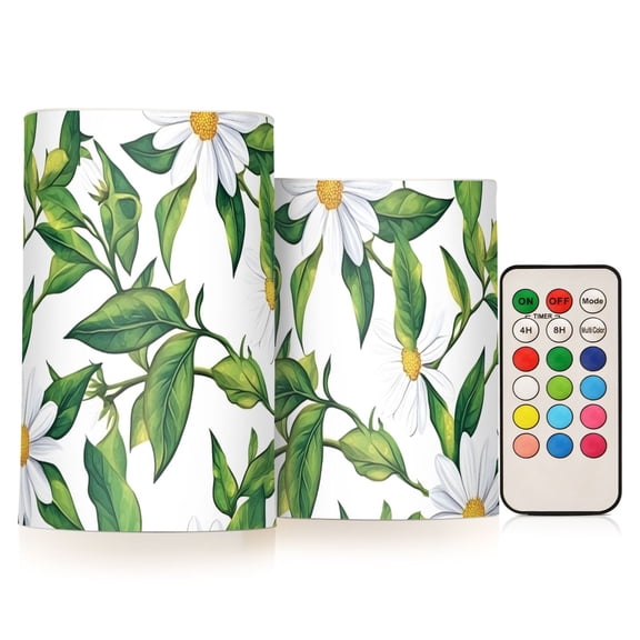 Sunny Daisy Pattern Flameless LED Candle Set with Remote, Battery Operated Color Changing Pillar Candles, Set of 2